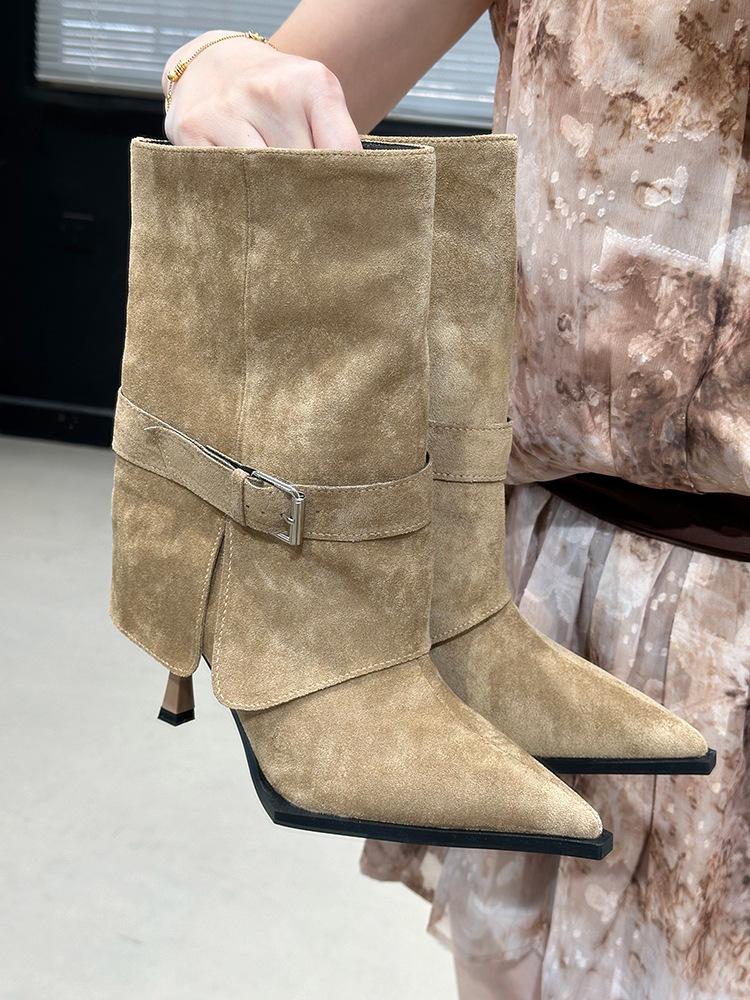 Wasteland wind pointed belt buckle high-heeled short boots autumn fine-heeled trouser tube boots suede short boots