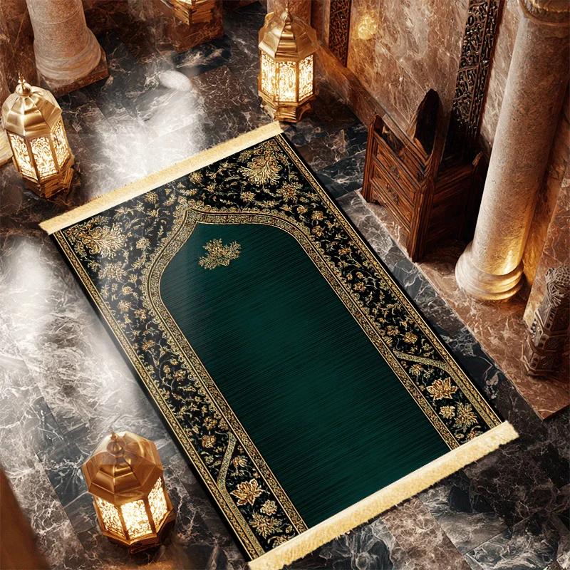Emerald Gold Palace Pattern Prayer Rug Plush Velvet Worship Mat Tassel Edge Islamic Prayer Carpet for Home Bedroom