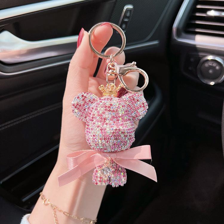 Stylish Diamond Crown Bear Keychain with Ribbon - Charming Doll Accessory and Elegant Gift