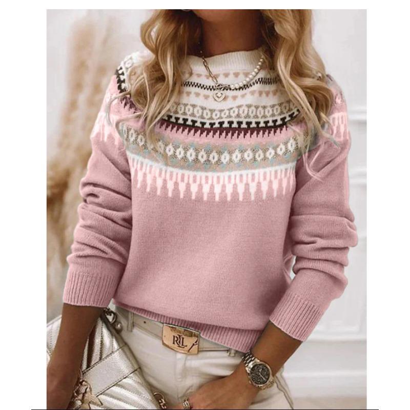 Women's Round Neck Colour Blocked Loose Fit Fashion Pullover Knitwear Luxurious Relaxed-fit Slimming and Versatile Top