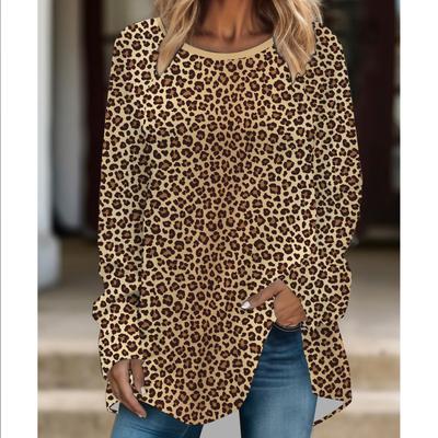 Plus Size Women Fashionable Personality  Leopard Printed Comfy Long Sleeve Round Collar T-shirt Casual Baggy Mid Length Tee Tops