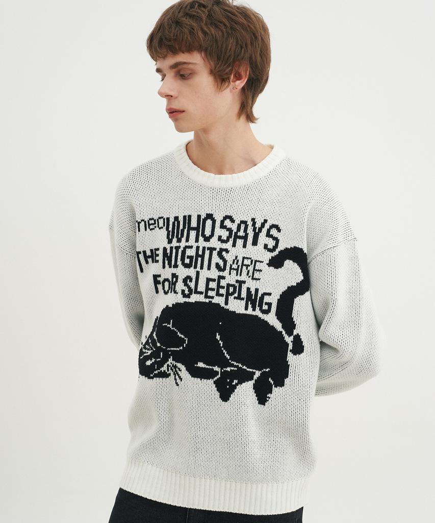 BLOND9 Soft Cat Jacquard Round Knit_White