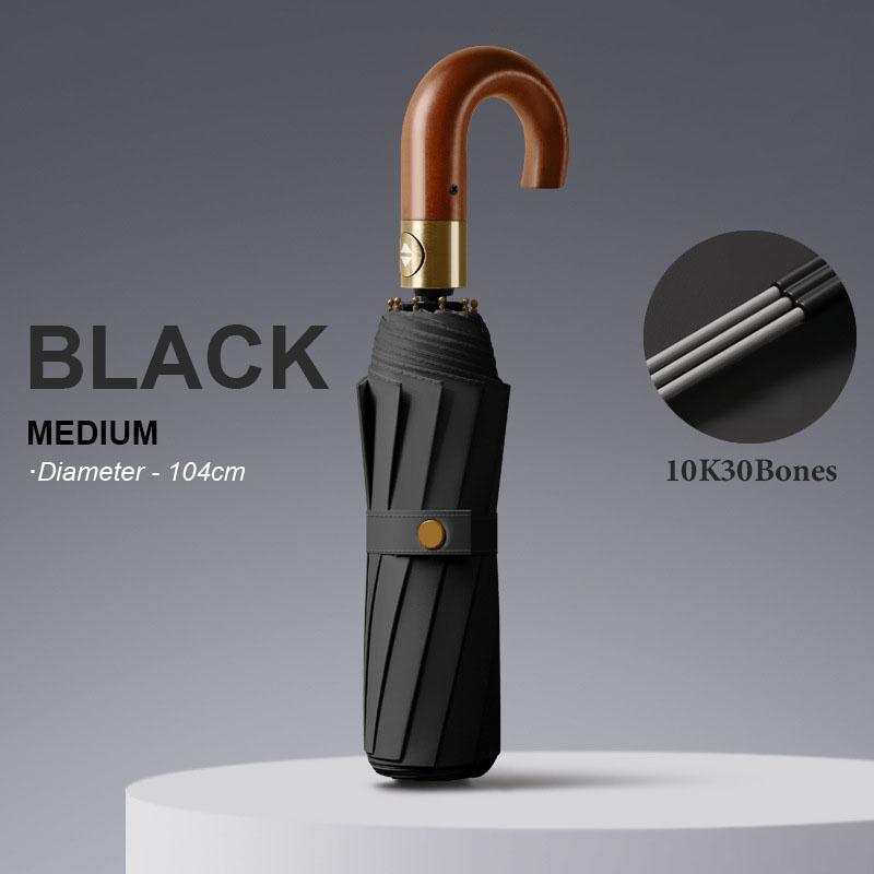 30 Speichen Winddicht Stark Verstärkter Automatischer Faltbarer Regenschirm für Männer Gebogener Holzgriff Luxus Regenschirm Wasserabweisend