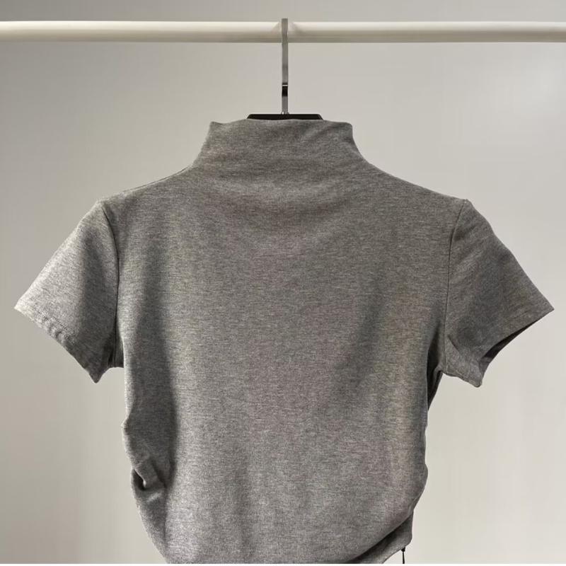 T-shirt sexy con design a cinturino scoperto sulla schiena, a maniche corte, da donna, estiva sottile europea e americana, a collo mezzo alto, top con ombelico scoperto