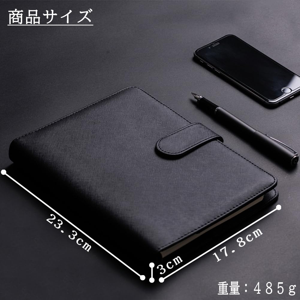 Planificator de afaceri A5 din piele cu inele, buton magnetic, 100 de coli, suport pentru pix și buzunar pentru carduri, hârtie cu 6 găuri, (negru)