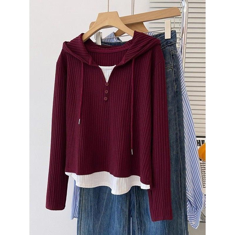 Women S Plus Size Hooded Long Sleeve Fake Two Piece T Shirt Loose Casual Top