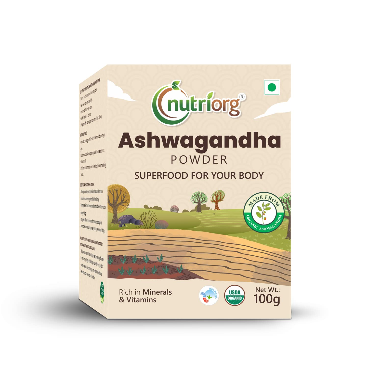 

Nutriorg Organic Ashwagandha Root Powder, Boost Energy, Strength | 100gm 0.2lbs