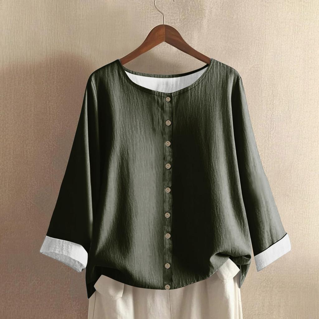 Women's Casual Long-sleeved Round Neck Solid Color Cotton And Linen Top