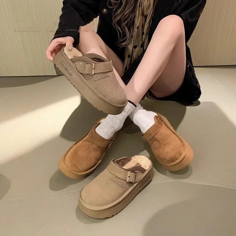 Fashion Fashion Women Fur Slippers 2025 Winter Cotton Shoes Thick Sole Home Warm Toe Cap Semi Slipper Shoes Indoor Slingback Boots Plush