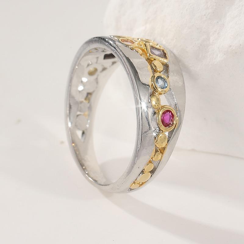 Vintage Two Color Inlaid Multicolored CZ Women's Ring Geometry Hollow Daily Wear Party Jewelry
