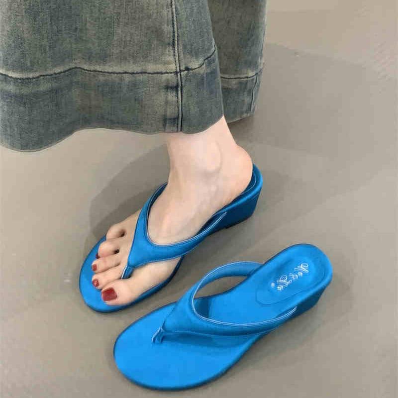 

2025 Summer Clip Toe Women Wedges Heel Slippers Shoes Ladies Comfort Beach Vacation Slides Shoes Flip Flop 35 синий