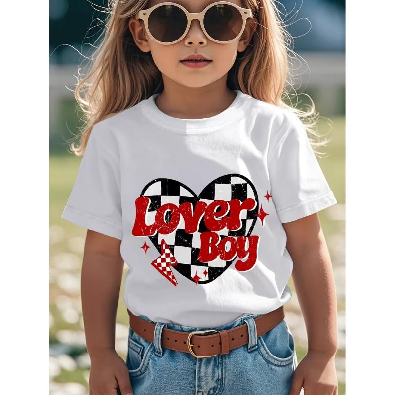 Girls Crewneck Short Sleeve T-Shirt, Heart Check Valentine Cartoon Print 110 белый