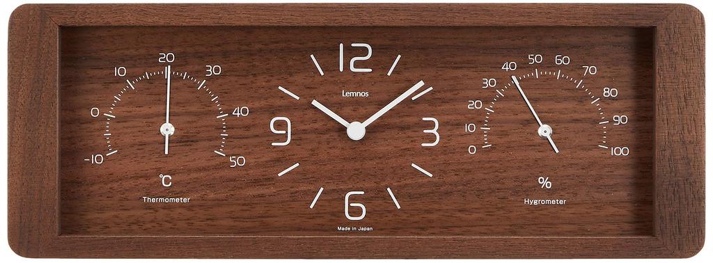 Lemnos Analog Table Clock with Thermometer and Hygrometer, Natural Wood Fabric, Yokan Brown, LC11-06, W300 x H109 x D50mm