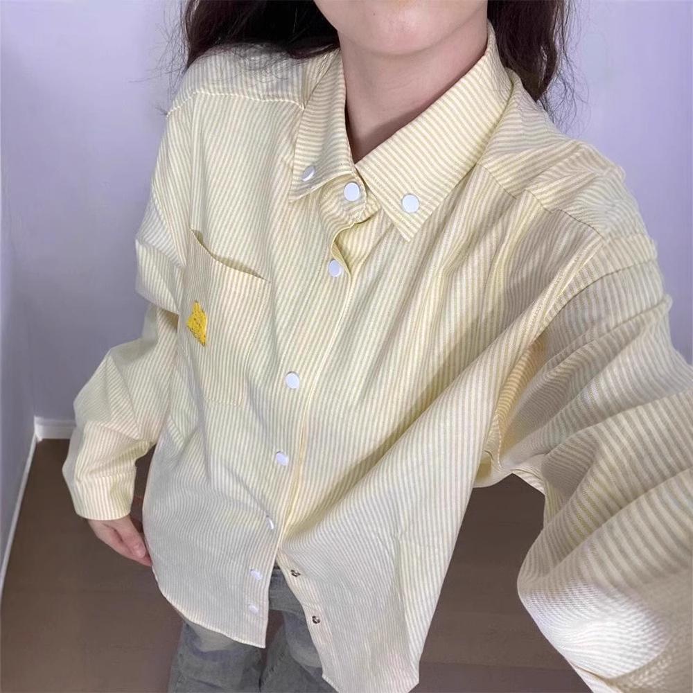 Women's American Retro Yellow Striped Polo Collar Shirt Jacket - Spring/Autumn Loose Casual Cardigan, Lazy Chic Style