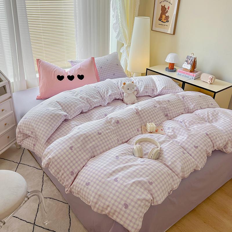 INS Solid Colour Minimalist Pattern Bedding Set For Adults Kids Pink Cute Fitted Sheet With Pillowcases Colorful King Queen Size