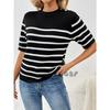 Women S Striped Button Spliced Pullover Round Neck Short Sleeve Knit Sweater