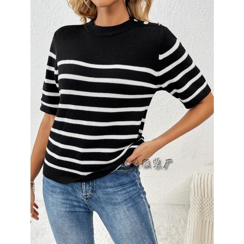 Women S Striped Button Spliced Pullover Round Neck Short Sleeve Knit Sweater