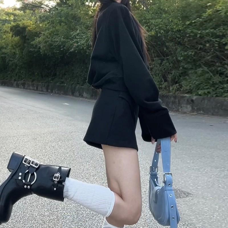 Schickes Spicy Girl Rollkragen-Fleece-Sweatshirt & High-Waist-Midirock-Set für Herbst/Winter