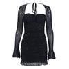 Mesh Jurk met Lange Mouwen, Sexy Doorzichtig Stalen Beugel Pailletten Vierkante Hals Halterjurk