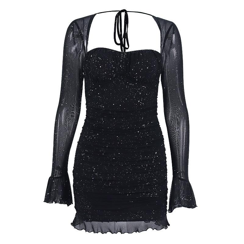 Mesh Jurk met Lange Mouwen, Sexy Doorzichtig Stalen Beugel Pailletten Vierkante Hals Halterjurk