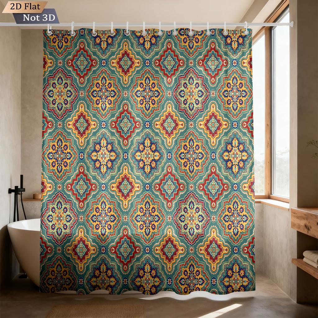 1pc Bohemian Color Retro Pattern Print Waterproof Privacy Partition Shower Curtain With 12 Hooks Multiple Sizes Machine Washable