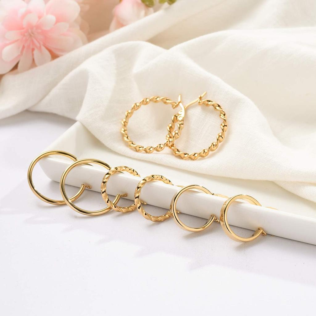 Jinxiuge 12 Pairs Gold Hoop Earrings Set Stainless Steel Twisted Round Small Chunky Hoop Earrings for Women