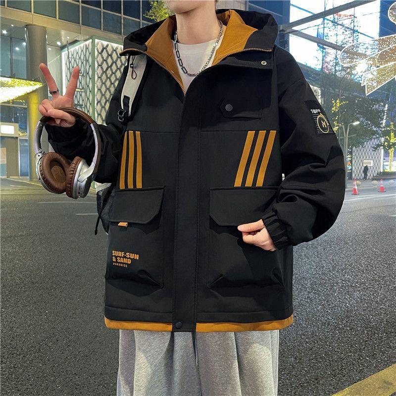 Spring and Autumn Jackets Boys Hong Kong Style Hooded Loose Jackets Teenagers Trendy Handsome Versatile Work Clothes Tops
