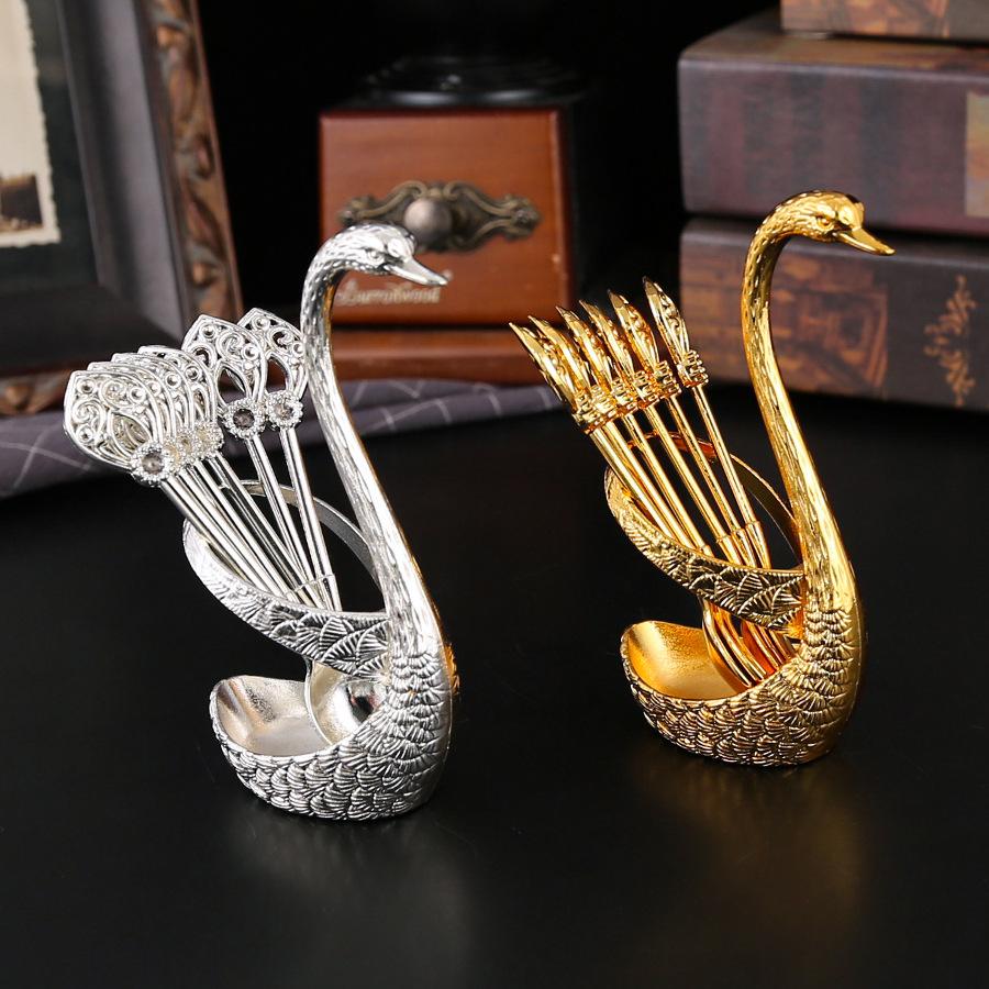Vintage Swan Holder 6Pcs Dessert Coffee Spoon Set European Style Metal Cutlery Gold Silver Small Tea Spoon Home Table Decor Gift