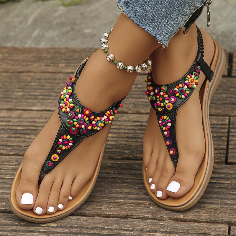 

Lucyever Летние босоножки с застежкой-молнией в стиле бохо, женские модные босоножки на плоской подошве с бисером, женские пляжные шлепанцы с нескользящей подошвой, женские 36 чёрный