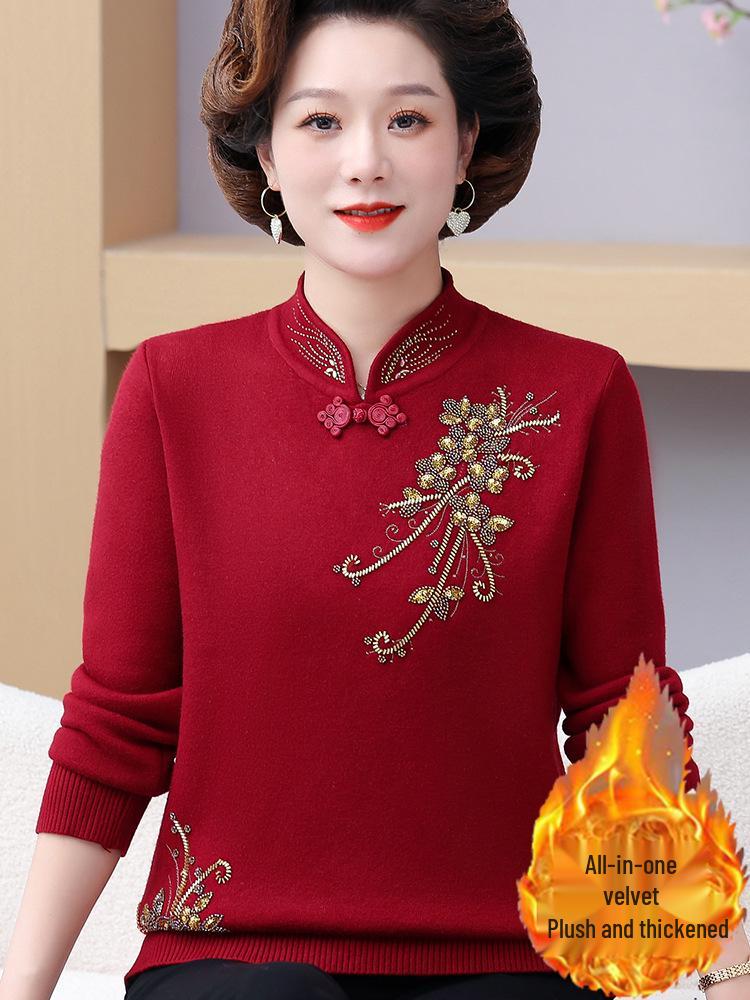 Mom's Chinese Embroidered Top: Fashionable Plus Velvet Sweater for Middle-Aged & Elderly Women, Autumn/Winter Base Layer