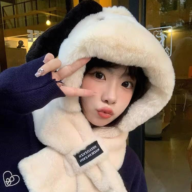 Women's Autumn/Winter Cute Puppy Ears Plush Hat and Scarf Set - Warm, Stylish, and Face-Slimming.