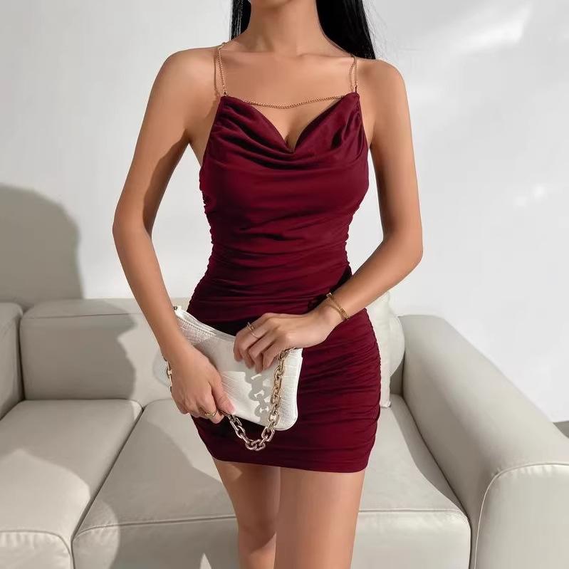 Spring Summer Women’s Silk-finish Draped Collar with Chain Detail Criss-cross Open-back Pleated Strapless Top Sweet and Fresh Dress