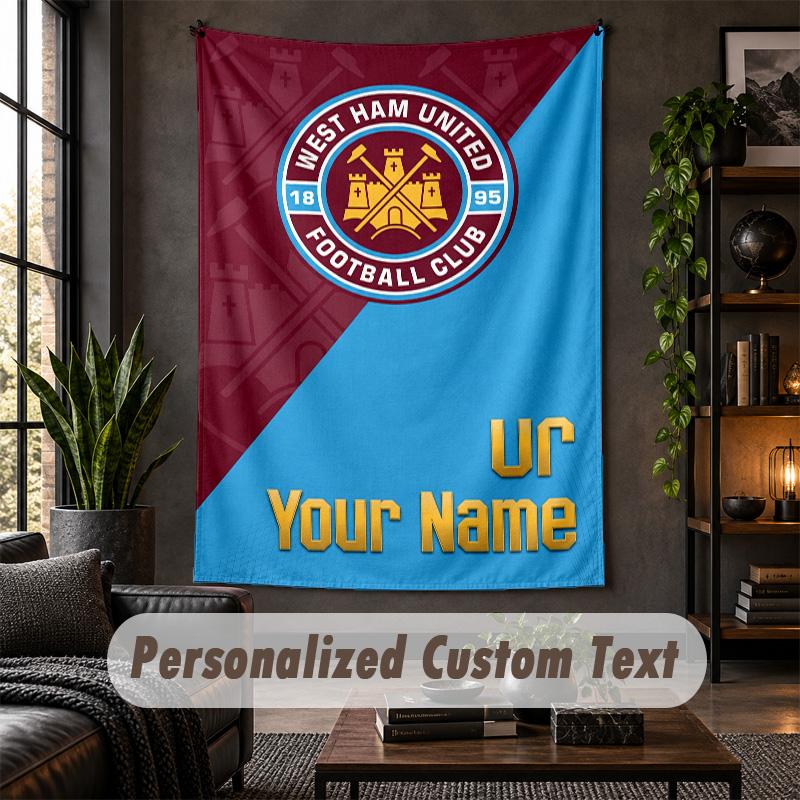 Personalisierte Wandteppich, West Ham United FC Benutzerdefinierter Text, Weicher Stoff Wandkunst Für Innenraumdekoration