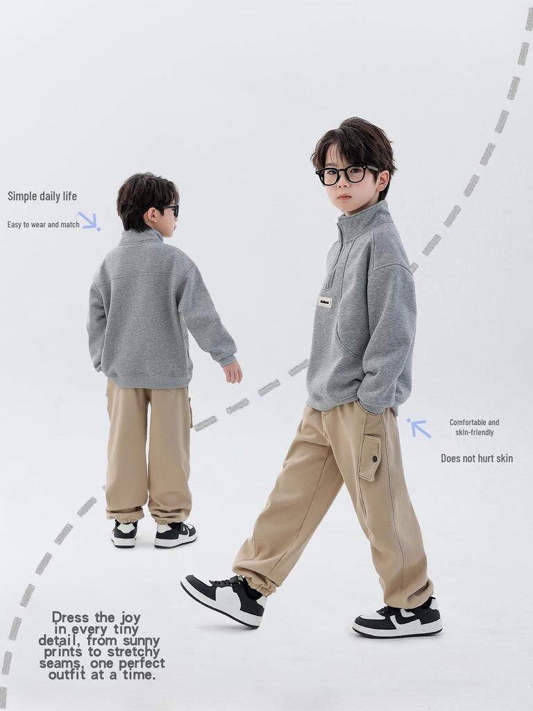 Boys' Fleece-Lined Half-Zip Sweatshirt: Trendy, Warm, Long-Sleeved Top for Autumn/Winter 2025