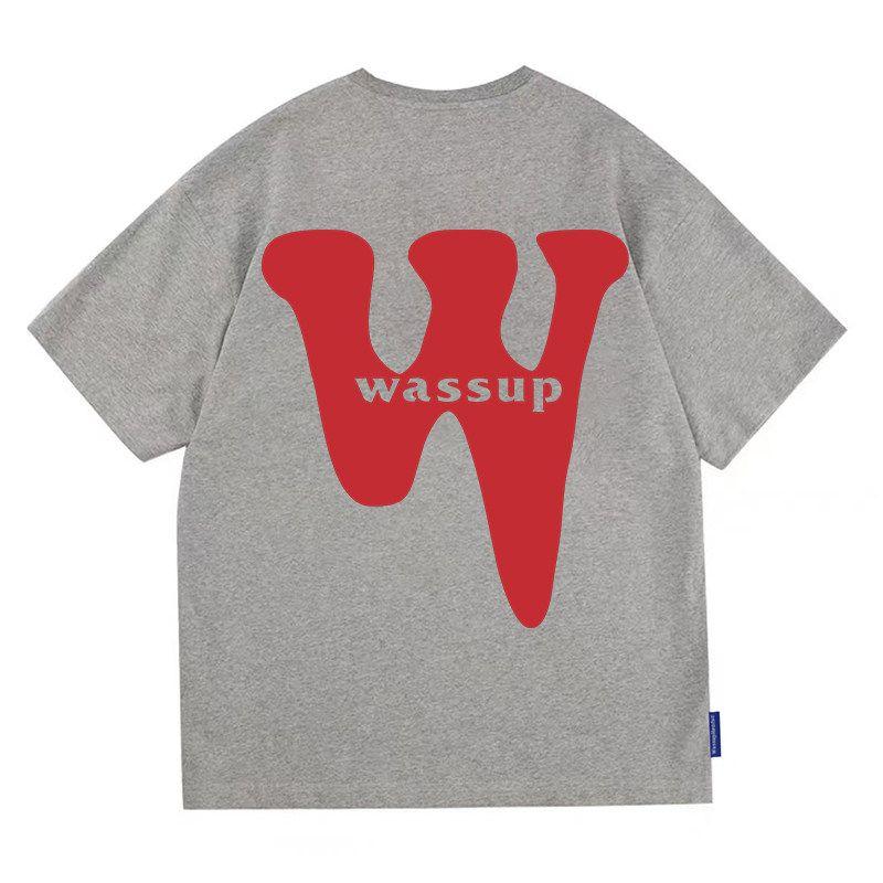 Wassup Heods Short-Sleeved T-Shirt with Round Neck, Summer Trendy Printed Pure Cotton Heavyweight American Casual Loose Fit for Men and Women