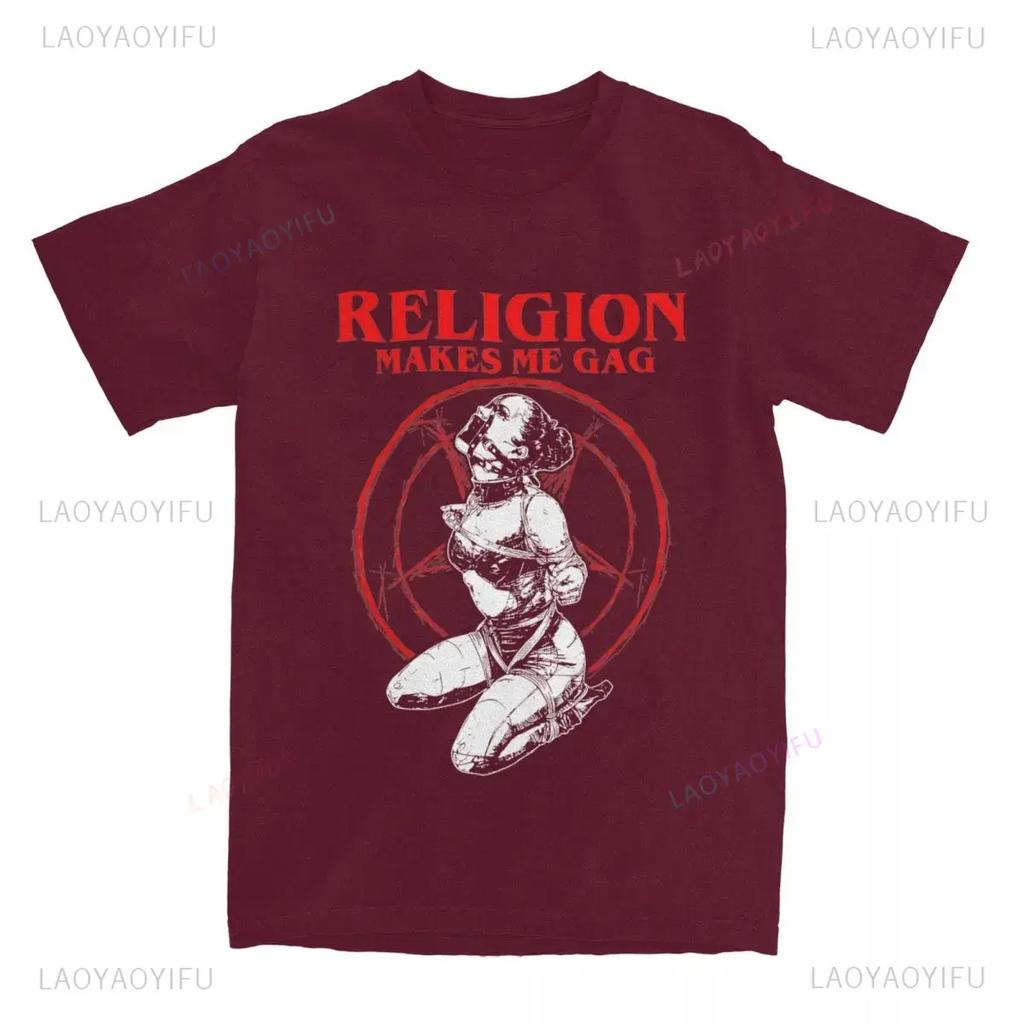 Religion Makes Me Gag Mens Short Sleeve Casual Printed TShirt Summer Satan Nun Vintage Cotton Leisure Harajuku Loose Tshirt
