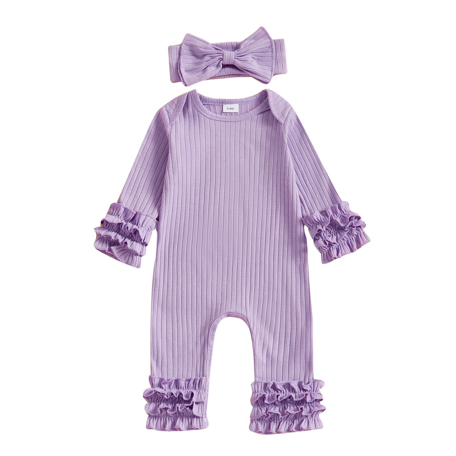 

Осенний комбинезон для девочки, однотонный, с ребристыми воланами, длинными рукавами, круглым вырезом, длинной юбкой и бантом на голове 0-3 Months фиолетовый