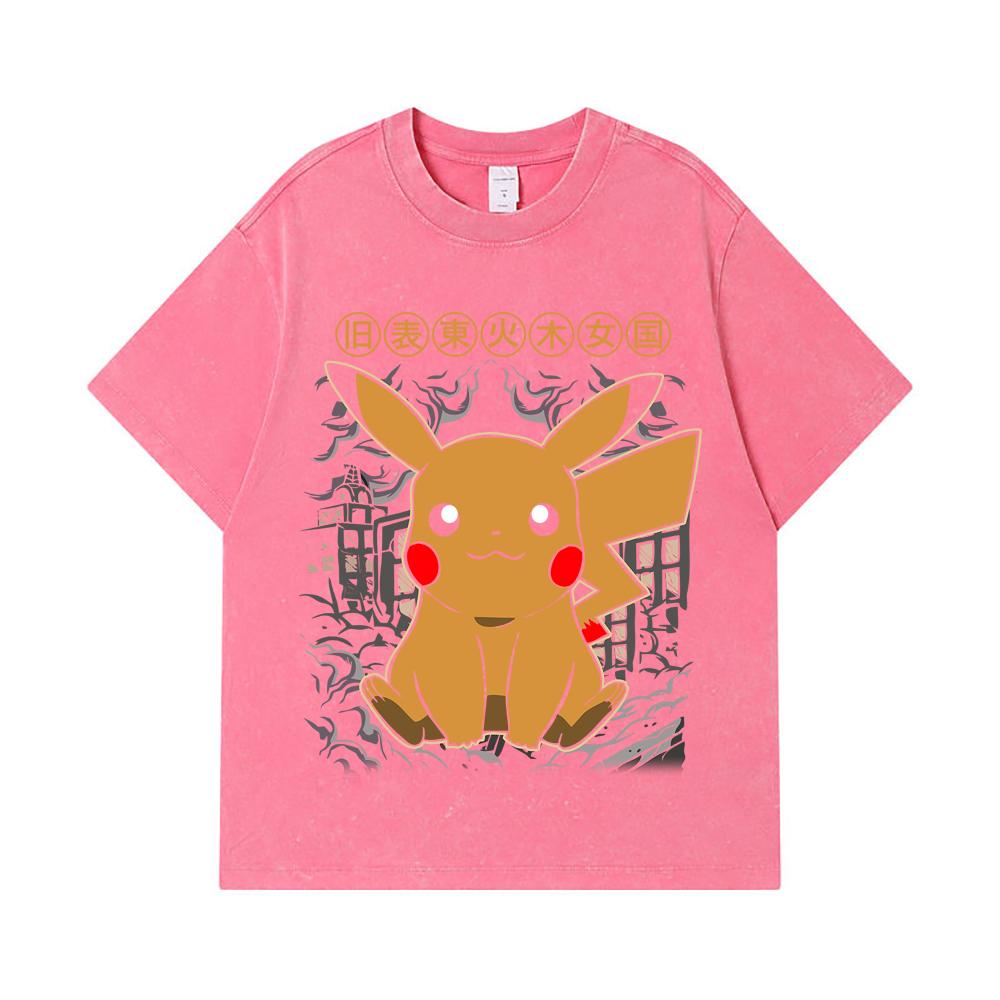 275 GSM Washed T-shirts 100% Cotton Pokemon V22 Pikachu Print Unisex Heavy Cotton T Shirt