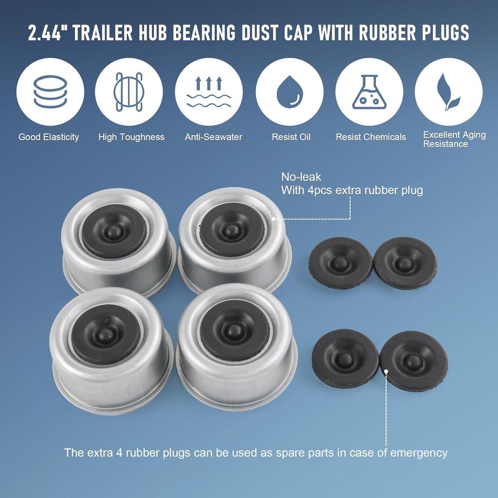 4PCS 2.44" Trailer Hub Bearing Dust Cap with Extra 4 Rubber Plugs, Trailer Axle Wheel Hub and Bearing Dust Caps for Most 5200 to 6000 Pound Axles