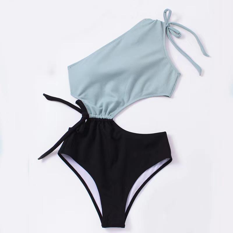 

New High-End One-Shoulder Cutout Colorblock Swimsuit: Chic Tie-Up Bikini XXL