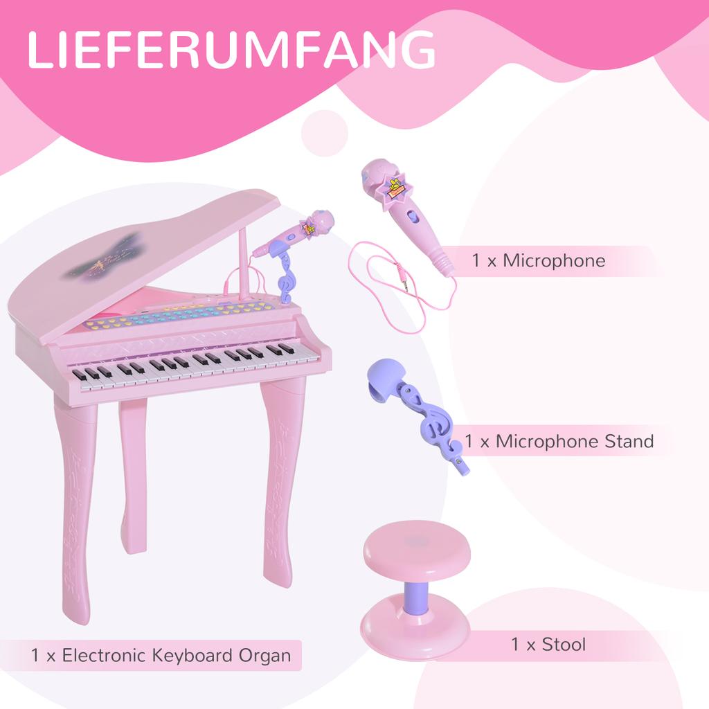 Tastiera per Bambini con 37 Tasti, Pianoforte con Sgabello e Microfono, Modalità di Apprendimento LED, Registrazione, Strumento Musicale Pianoforte per Bambini di 3-6 Anni Rosa