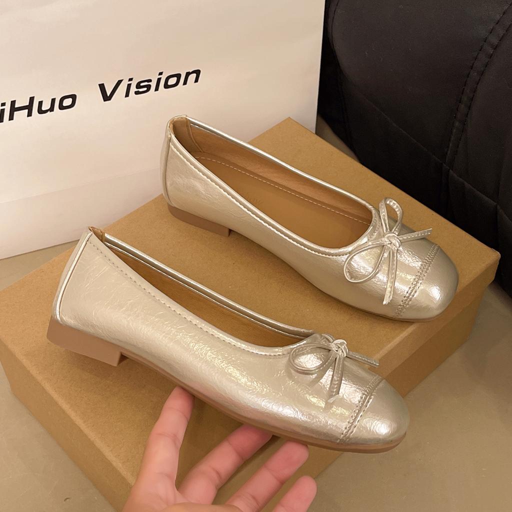 Mote Gull Sølv Mote Flats Luksus Dame Ballerinaer Rund Tå Sløyfe Slip on Komfort Loafers Damer Fritid Mules Sko