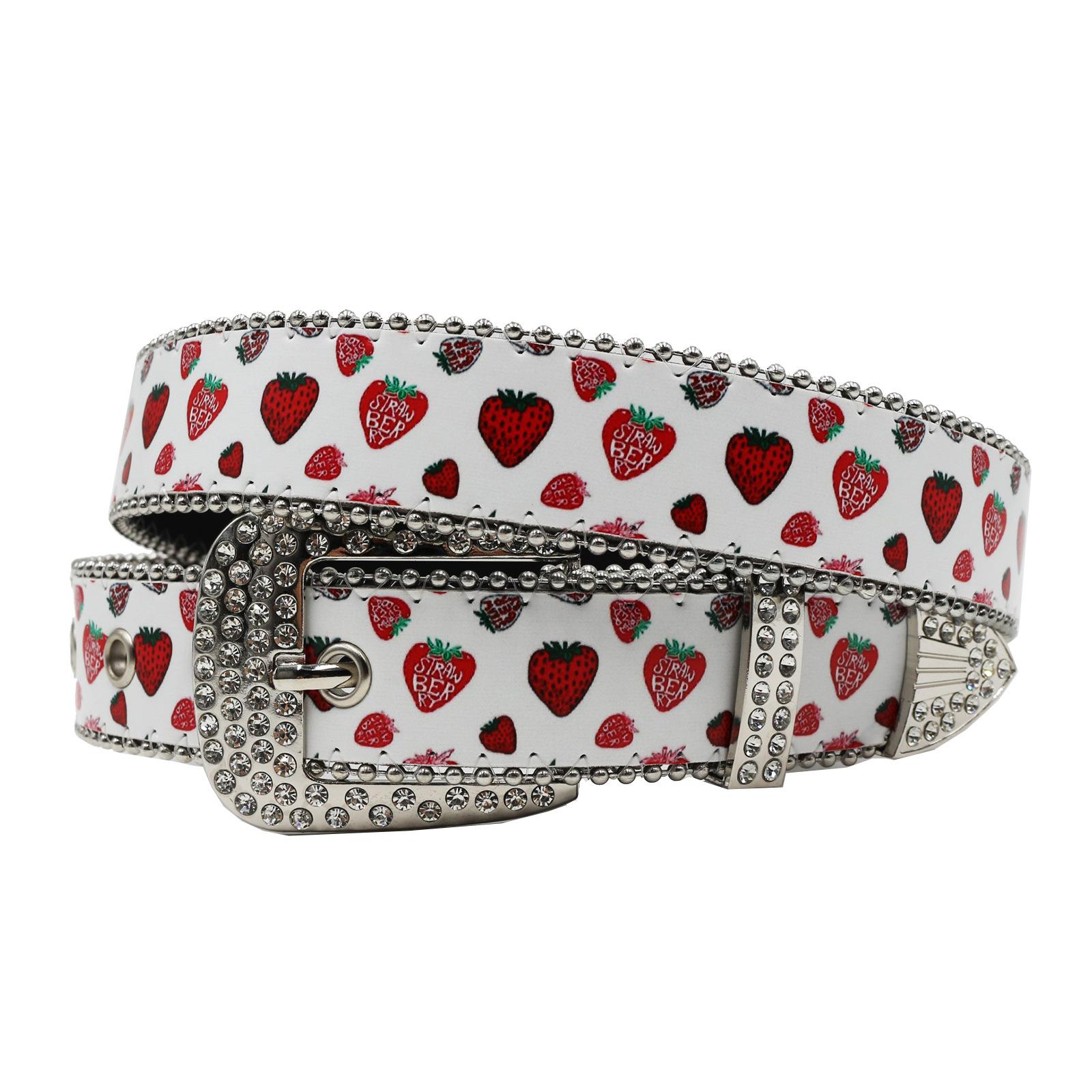

Дизайн Ремень со стразами Принт клубники Нишевая мода Парный ремень Панк тренд 115cm