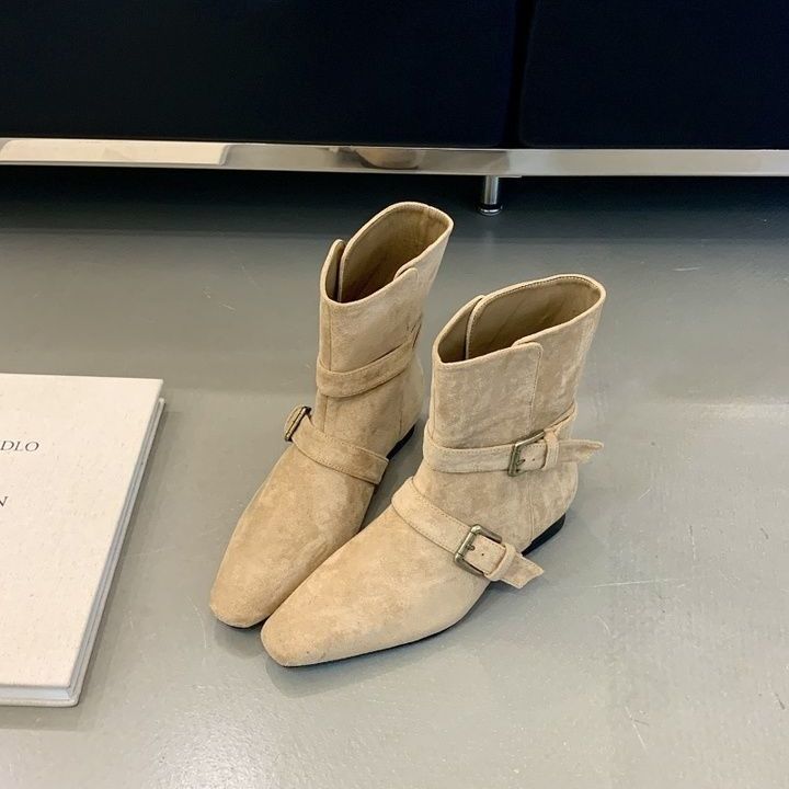 

French fashionable design belt buckle thick heel thin boots women s autumn and winter outer wear commuting versatile one-pedal short boots 40