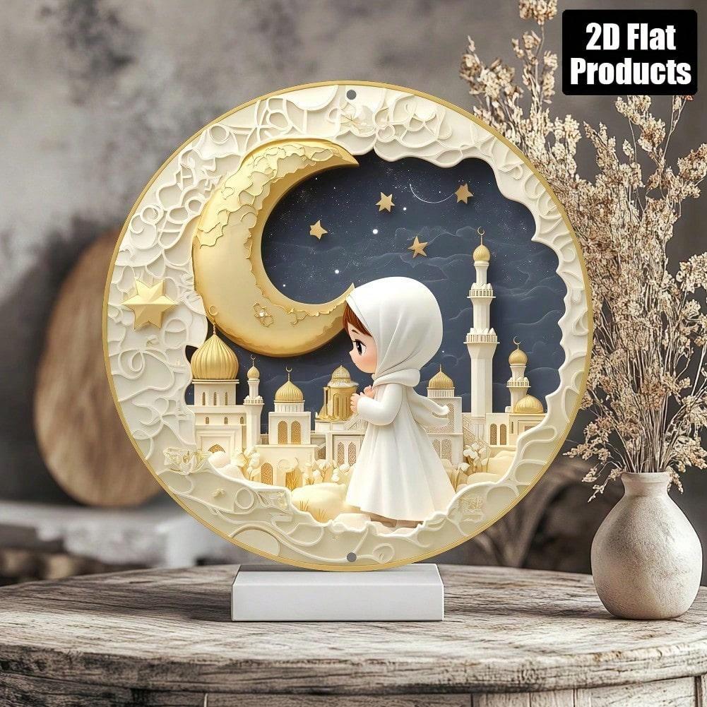 2D Round Aluminum Metal Wall Art, Girl with Mosque and Crescent Moon, Eid Al-Fitr Holiday Home Decor, 8x8 Inches, 1pc