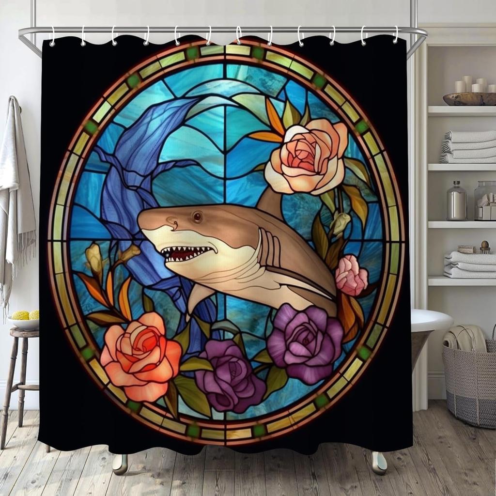Fox Shower Curtain For Bathroom, Leaves Glass Art Shower Set, Cute Animals Abstract Fabric Modern Waterproof Bathroom Decor