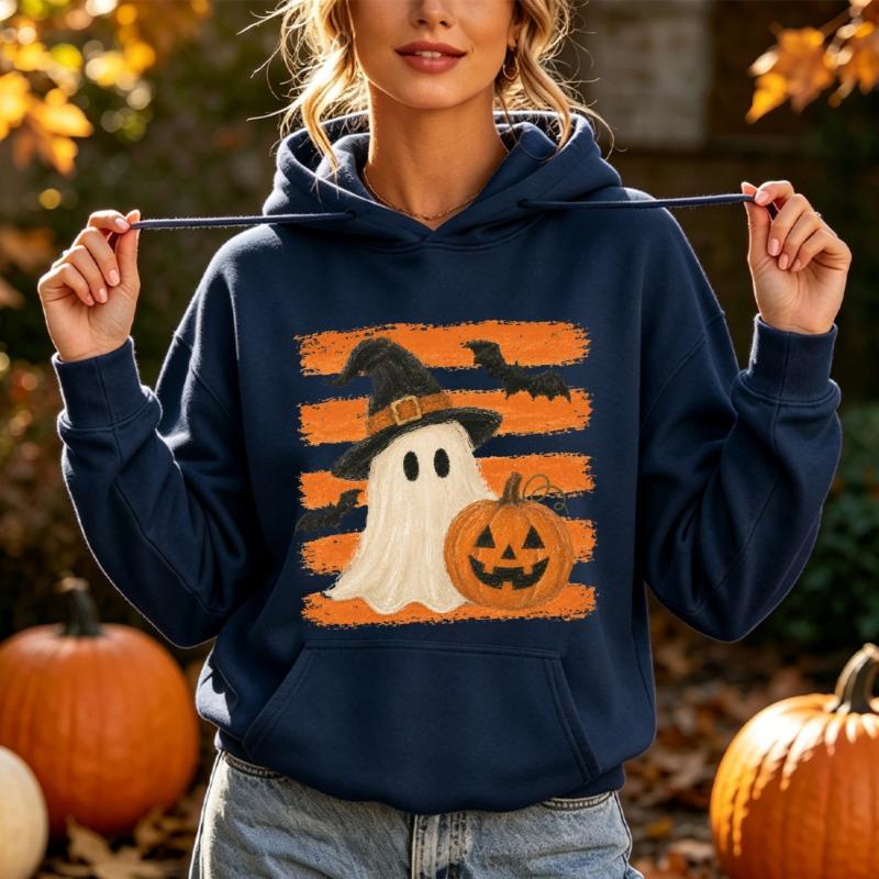 Cute Ghost Witch Hat Pumpkin Bat Hooded Top Women Spooky Season Preppy Style Autumn Pullover for Halloween Night Event Clothing
