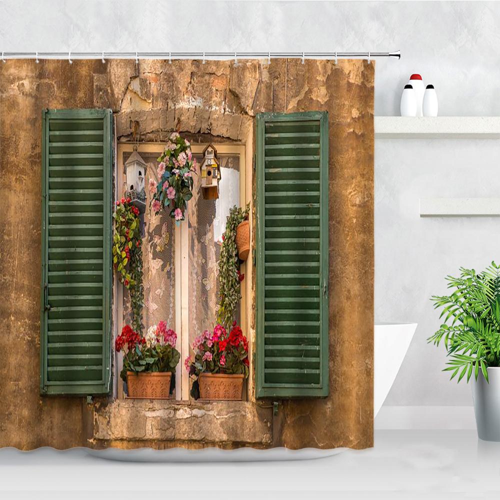 Fleurs Rouges Porte Grecque Bleue Avec Vue Sur Mer Sur Île Rideaux de Douche Tissu Imperméable Ensemble de Rideaux de Salle de Bain Décoration de Baignoire pour la Maison