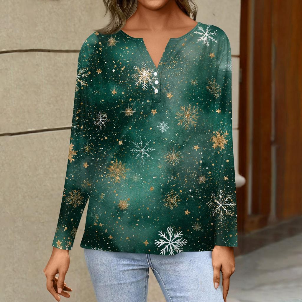 Women's Fashion Casual H Printed V-Neck Long Sleeve Decorative Button T-Shirt Tops