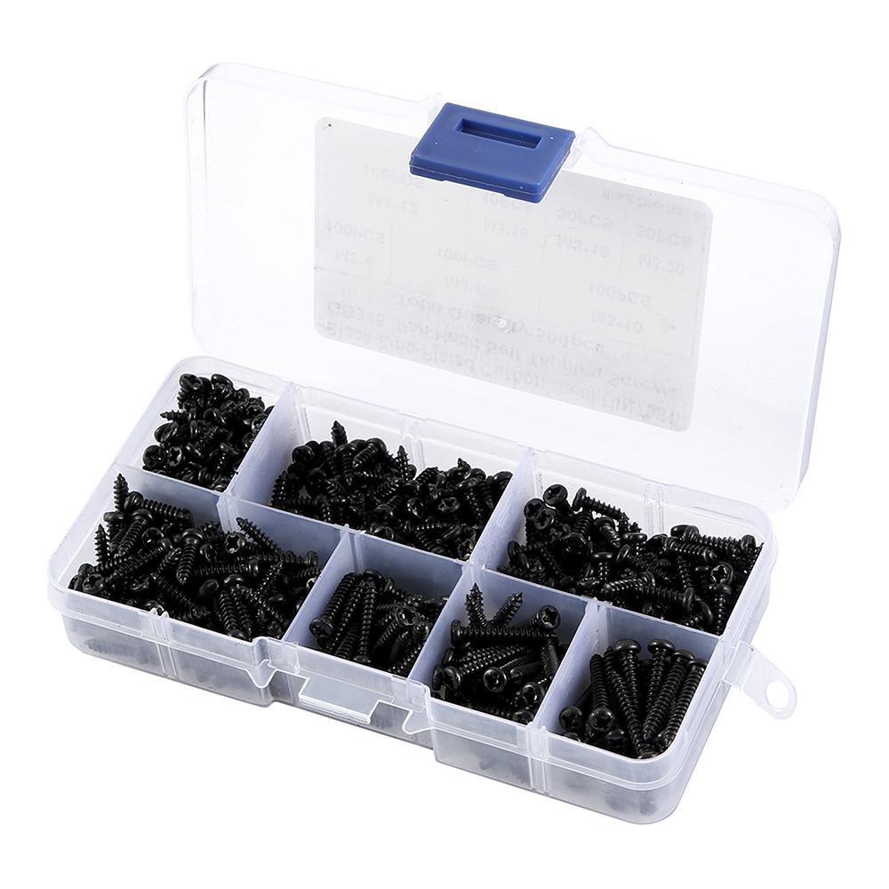 500pcs M3 Black Self Tapping Screws Pan Head Cross Self Drilling Wood Assortment Kit 6-20mm Carbon Steel Screw for DIY Projects